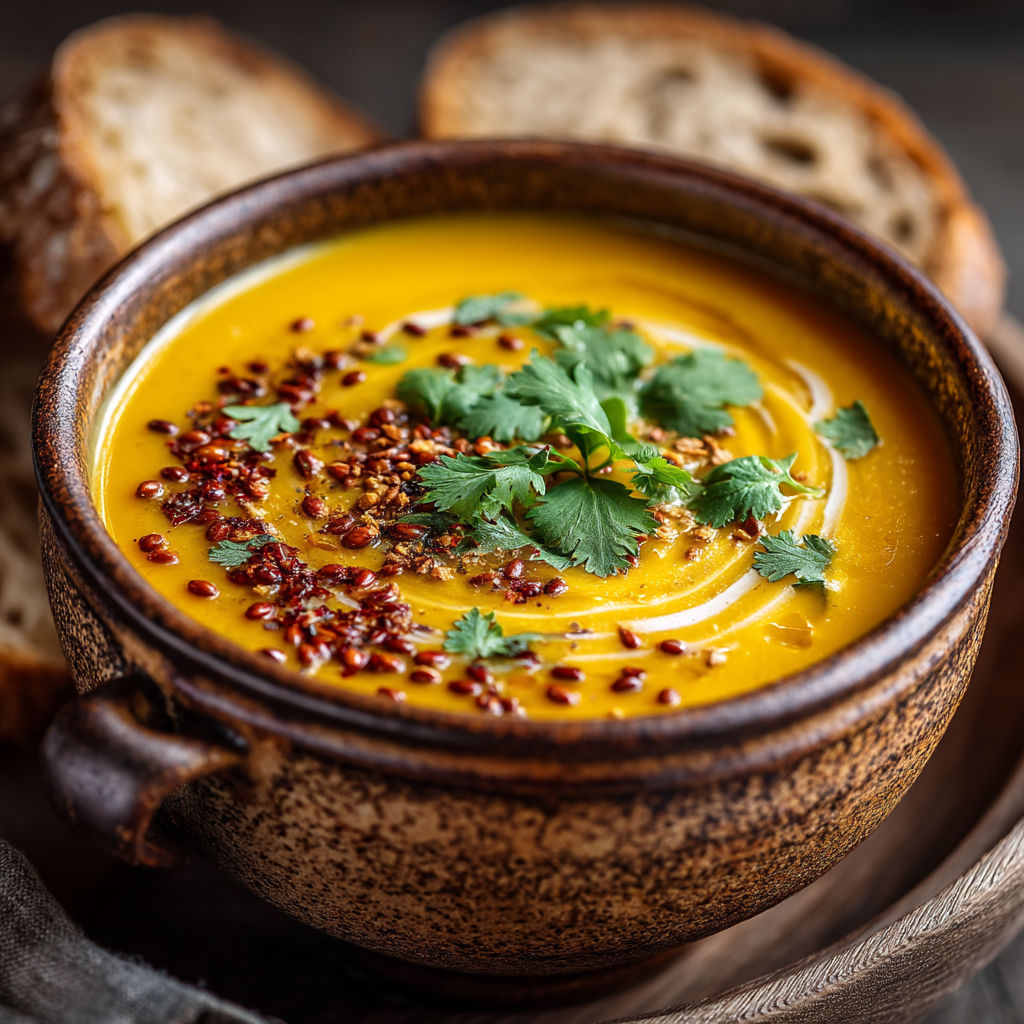 Une assiette de soupes colorées avec des herbes et des graines.