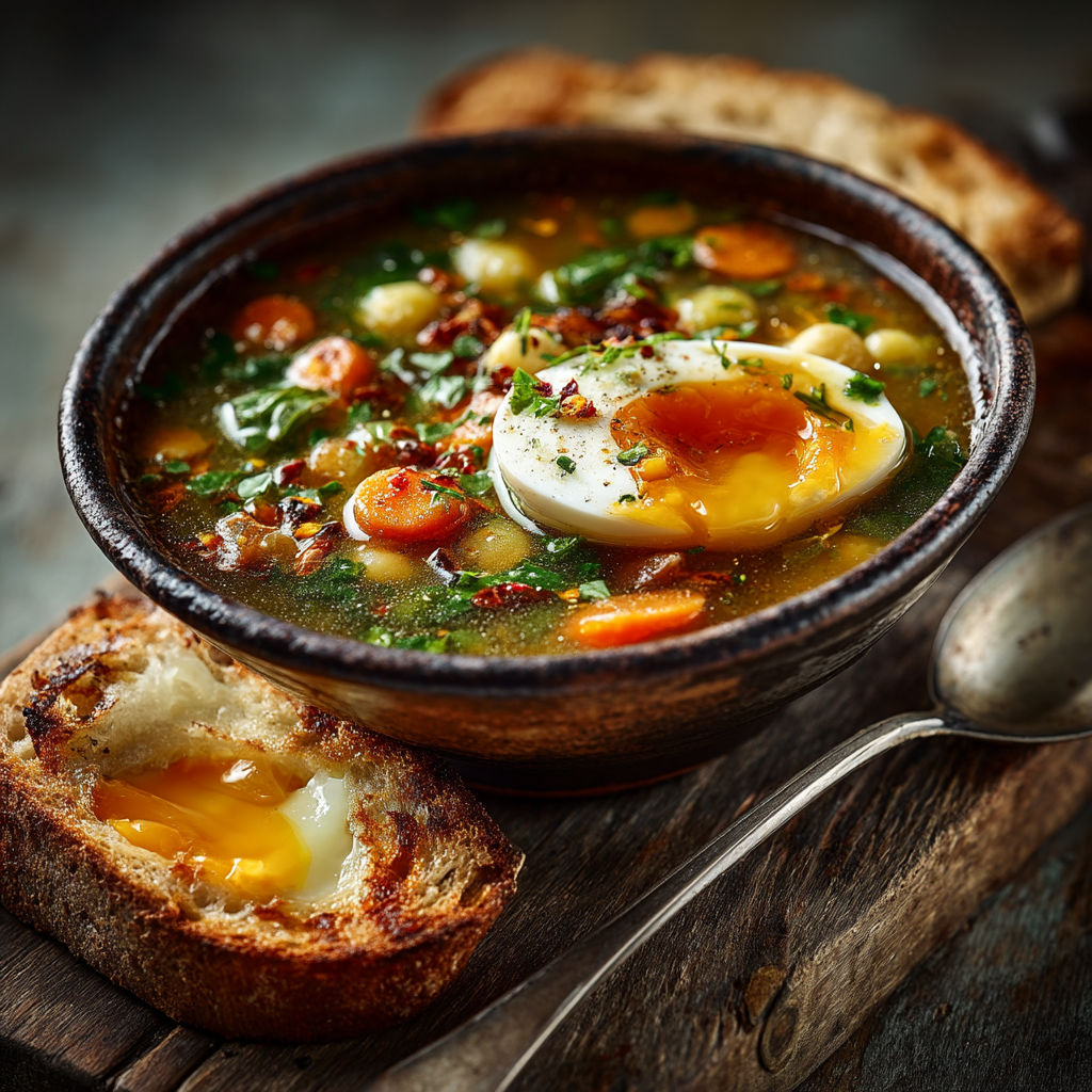 Une soupe express aux légumes et œufs à la coque.