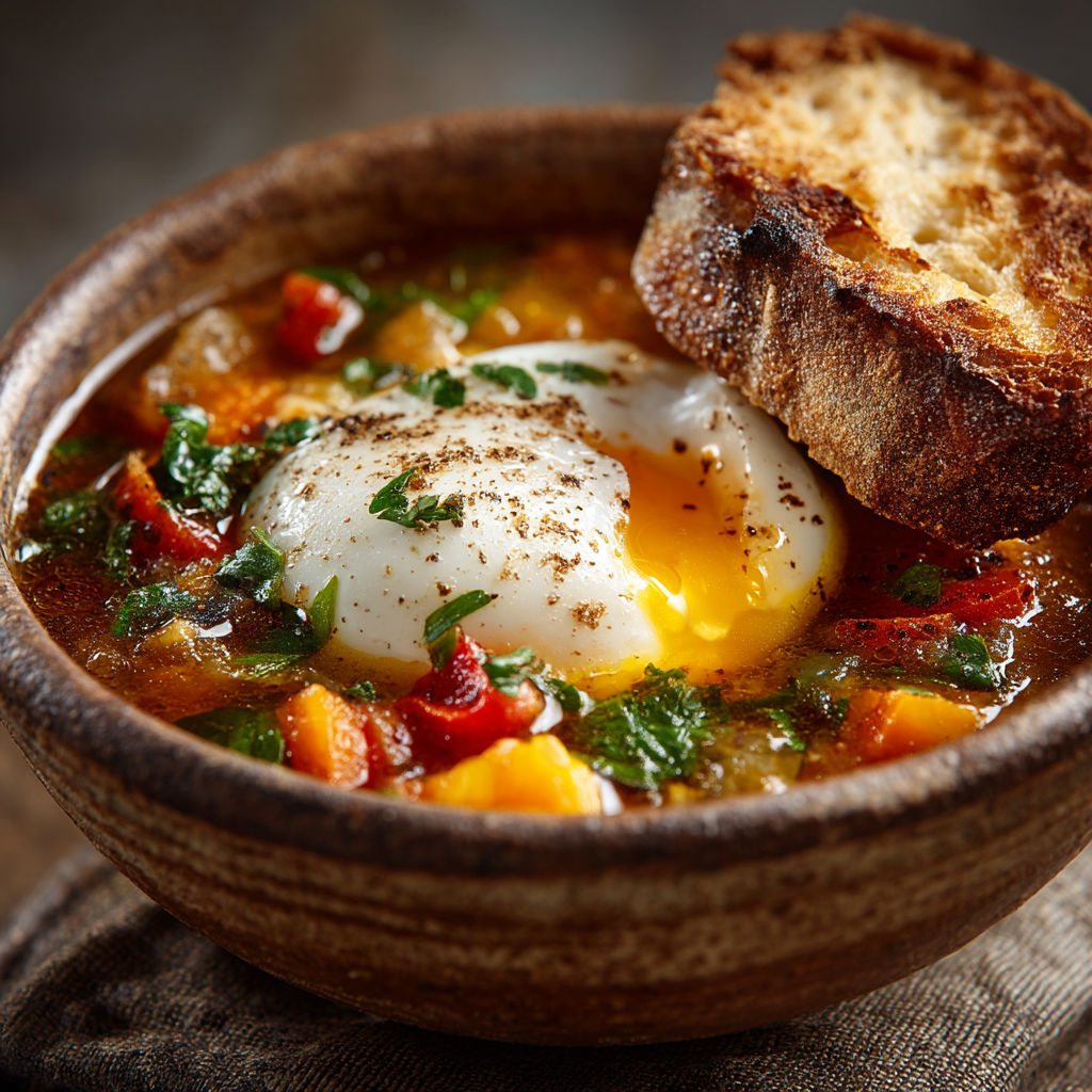 Une soupe avec des légumes et une omelette.