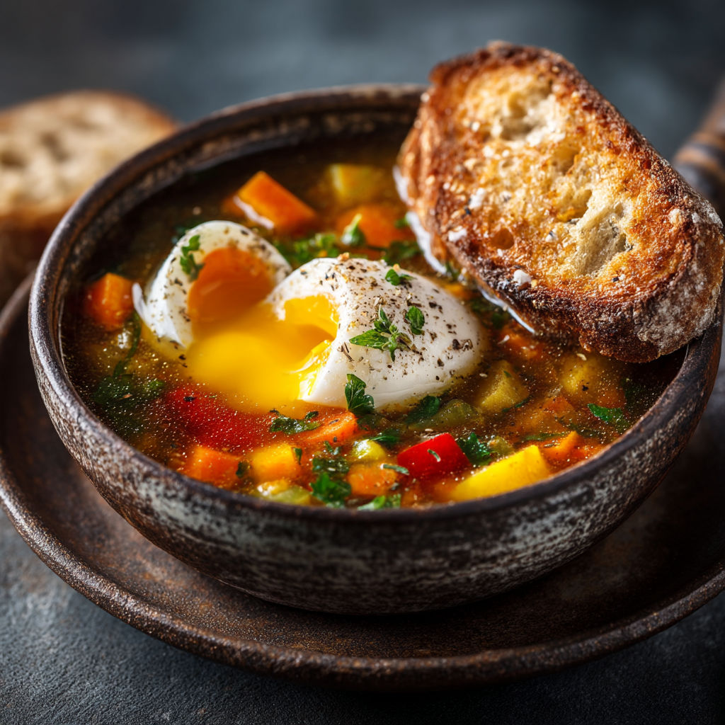 Une soupe avec des légumes et des œufs.
