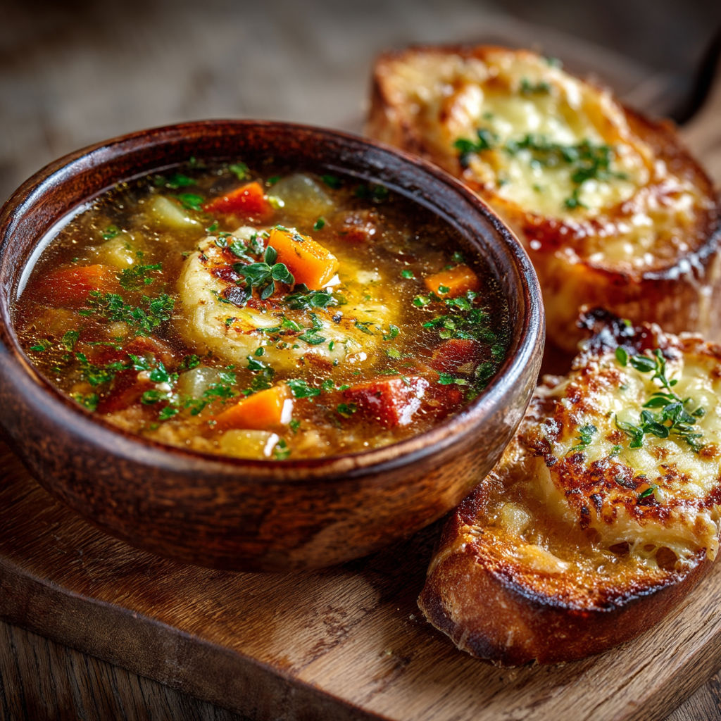 Une soupe chaude dans un bol et des tranches de pain grillé sur une table.