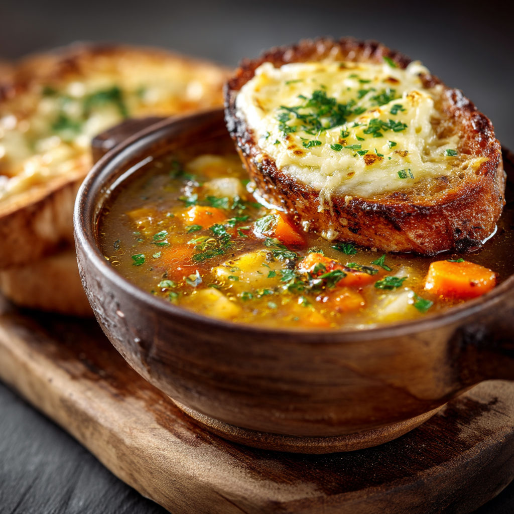 Une tasse de soupe avec des légumes et du fromage.