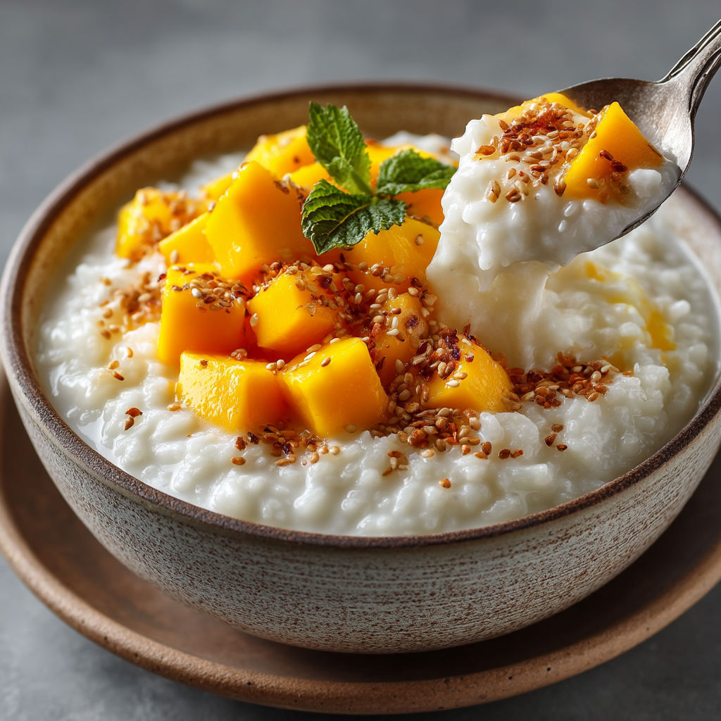 Une assiette de riz avec des fruits et des herbes.