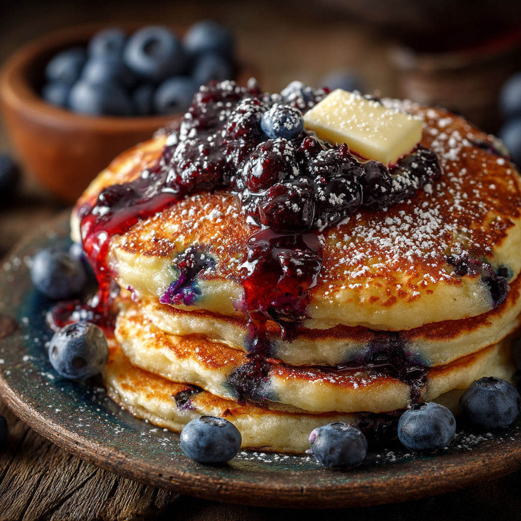 Un plat de pancakes avec des baies bleues.