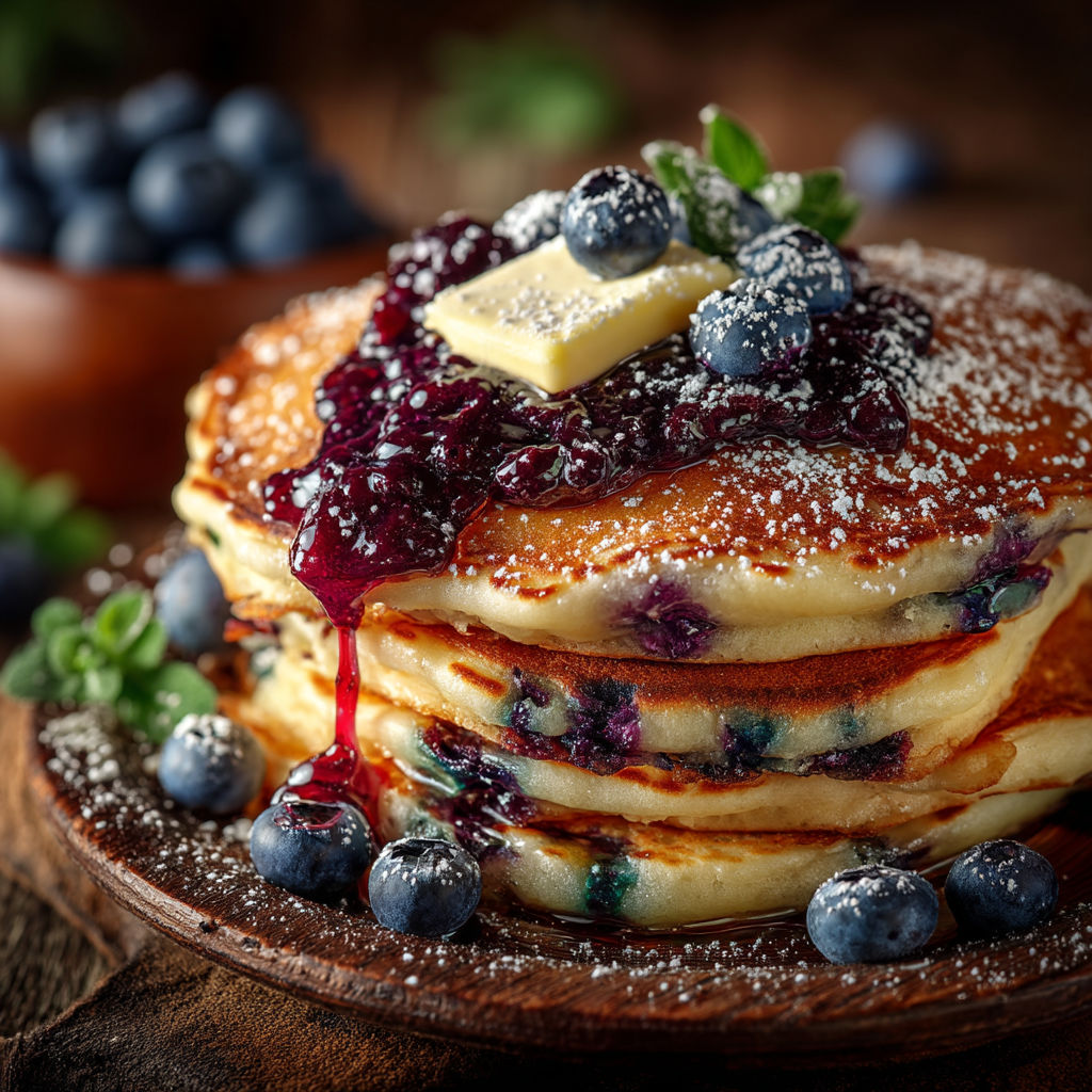 Un plat de pancakes avec des baies bleues.