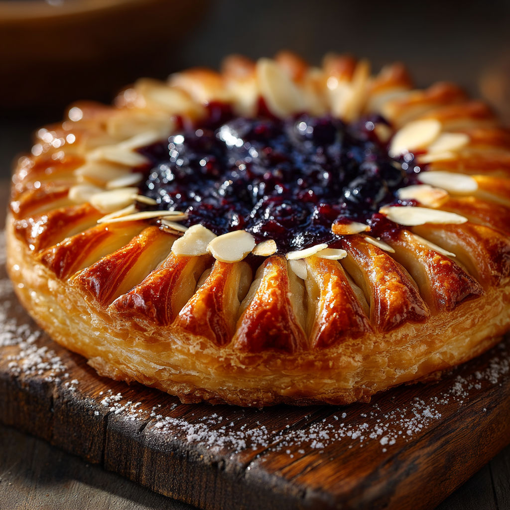 Une tarte soleil aux myrtilles sur une planche de bois.