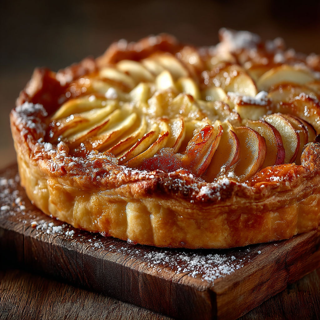 Une tarte aux pommes sur une table de bois.