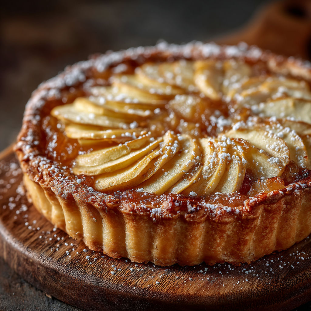 Une tarte aux pommes sur une planche de bois.