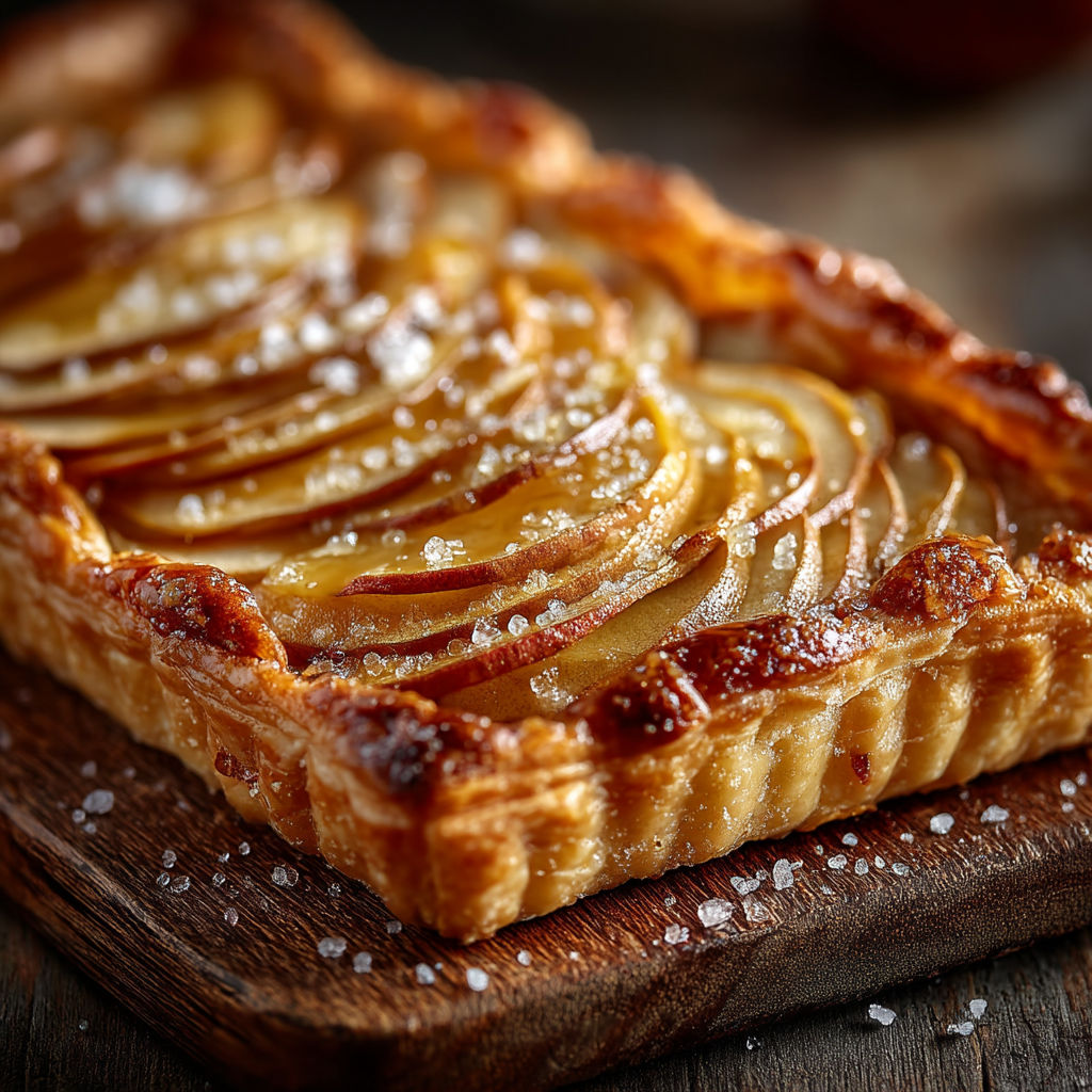 Une tarte aux pommes express sur une planche de bois.