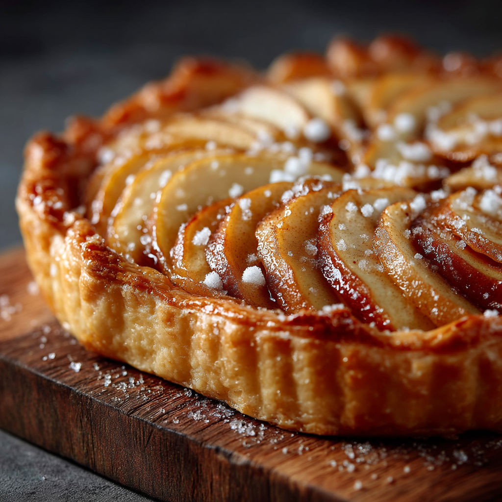 Une tarte aux pommes sur une planche de bois.