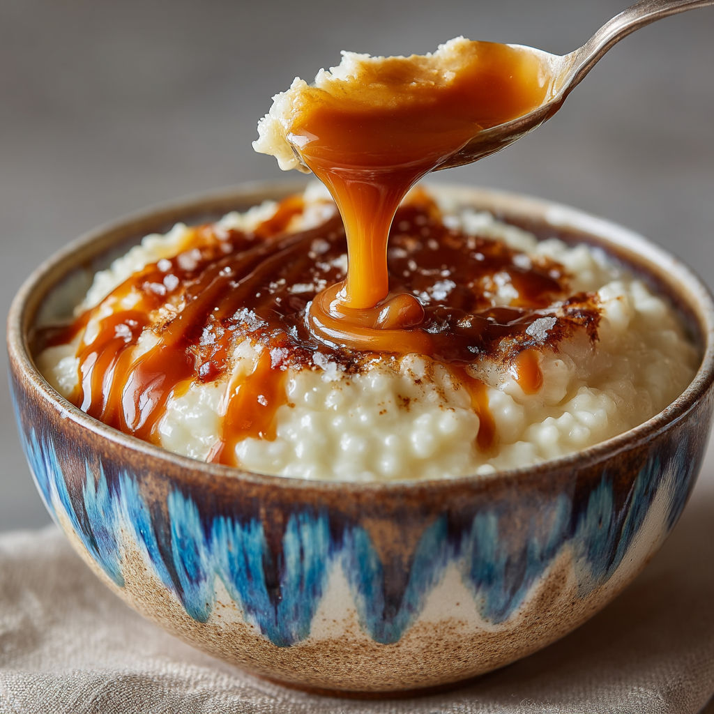 Une tasse de riz avec du caramel.