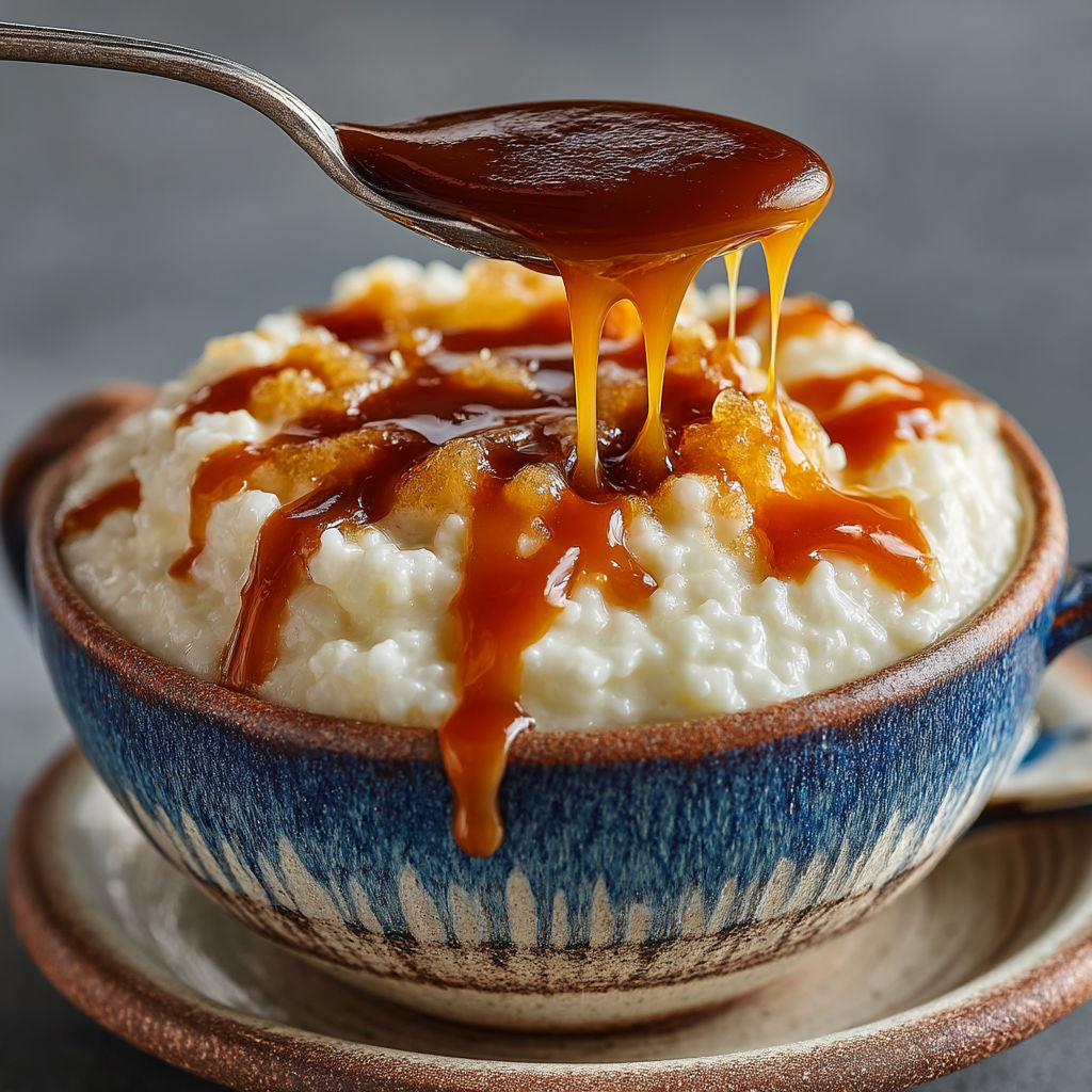 Une tasse de riz avec du caramel.
