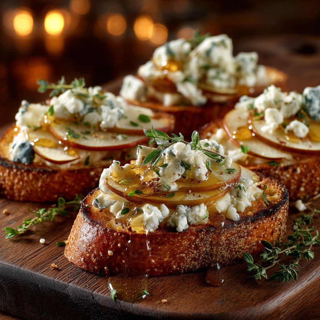 Une plaque de bois avec des tranches de pain grillé et des tranches de pomme.