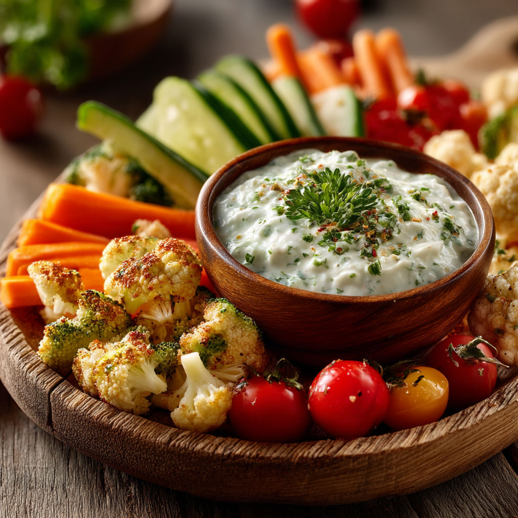 Une assiette de crudités et de tzatziki.