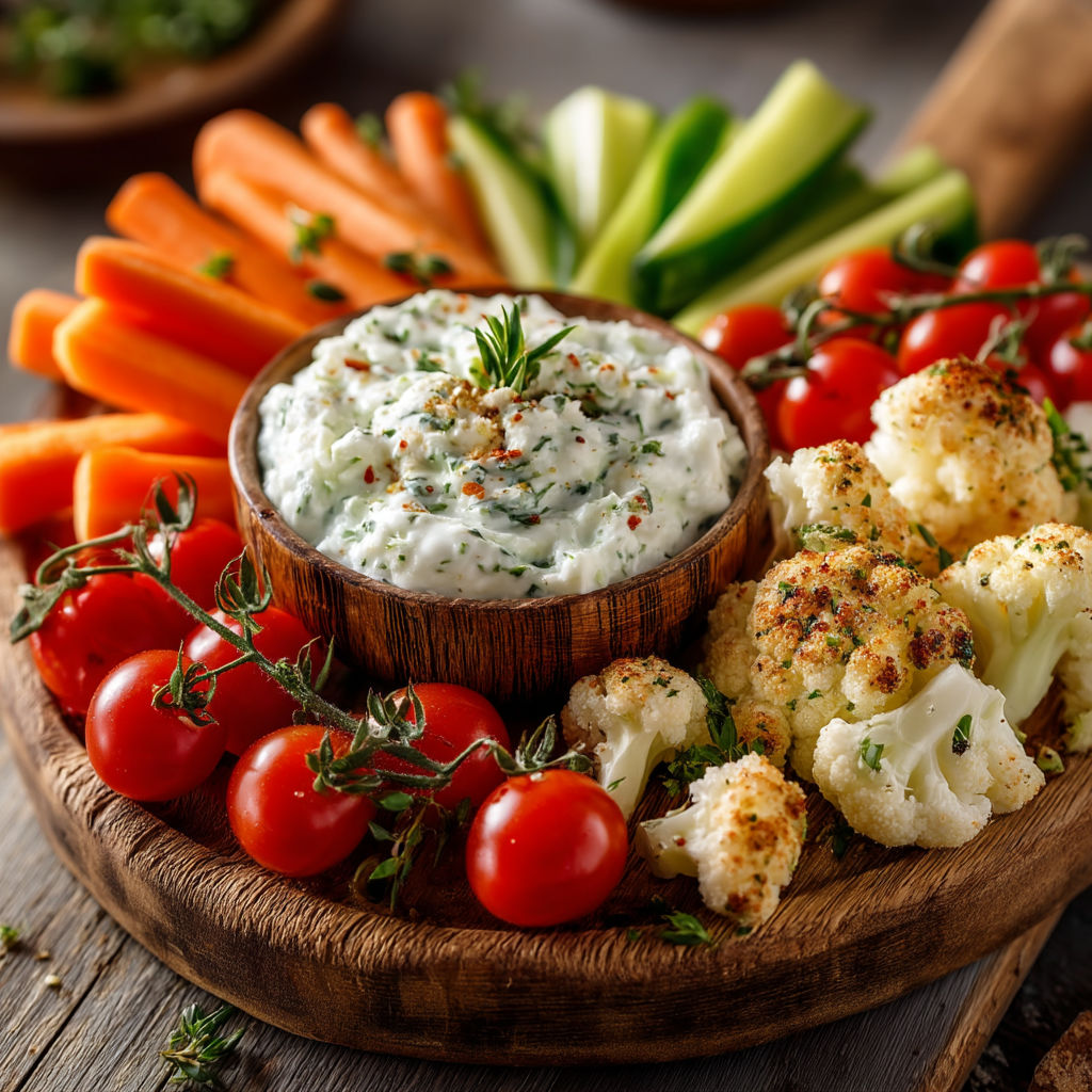 Une assiette de légumes et de sauce.