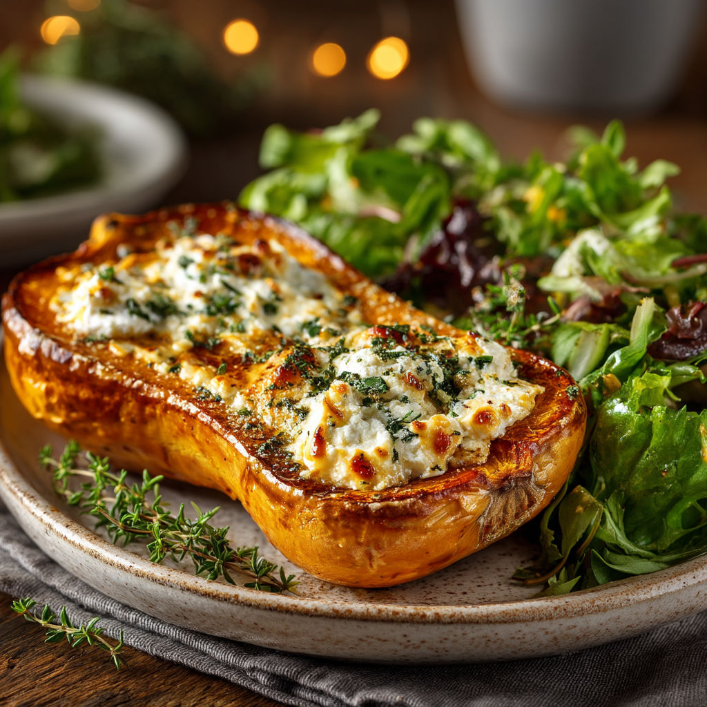 Une butternut rôti au chèvre sur un plateau.