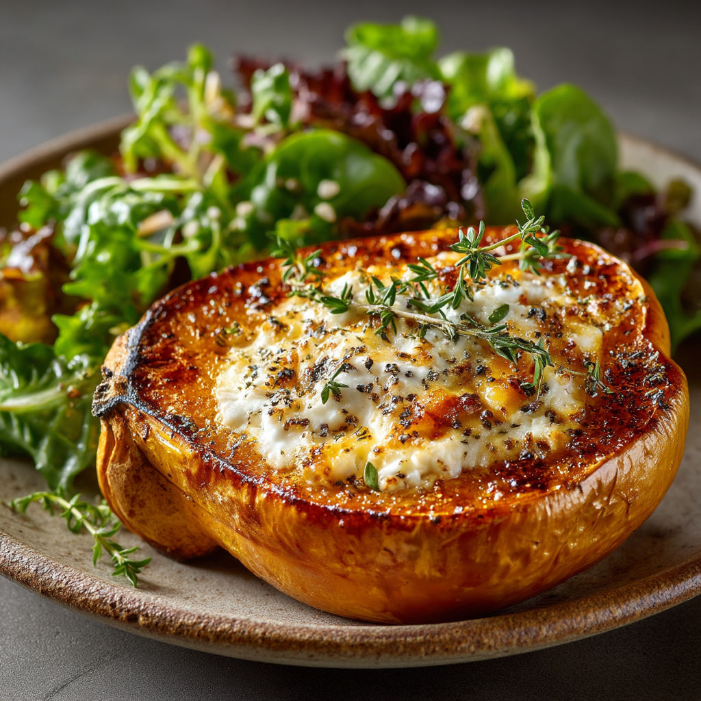 Une salade de laitue et une poire rôtie avec des herbes.