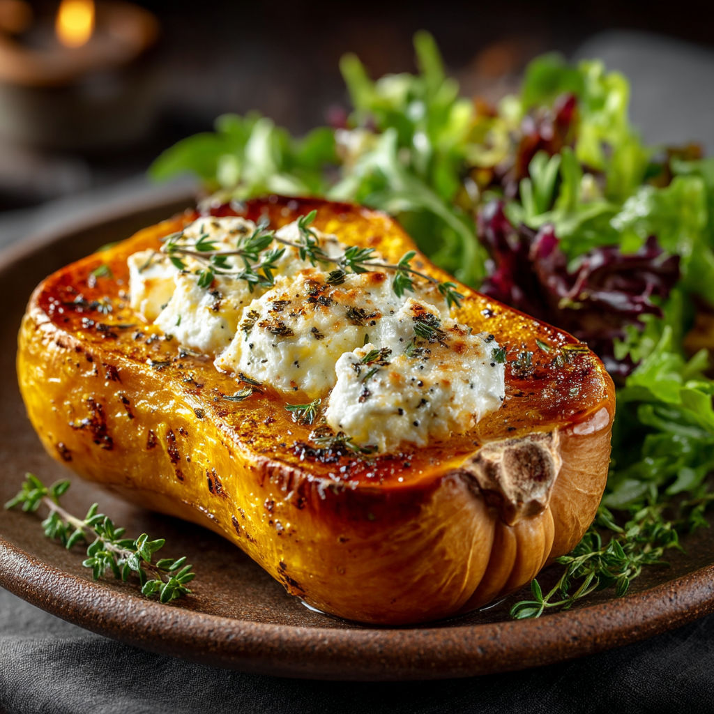 Une carotte rôtie avec des herbes et des légumes verts.