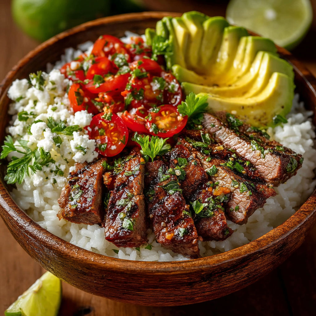 Un plat de riz avec des tomates, des avocats, des limes et des épices.