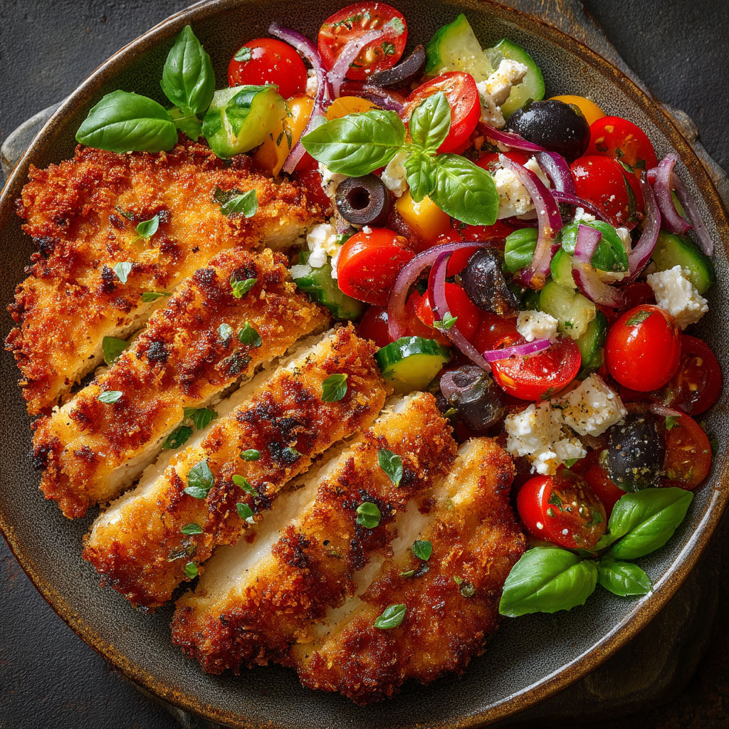 Poulet pané et salade à la grecque.