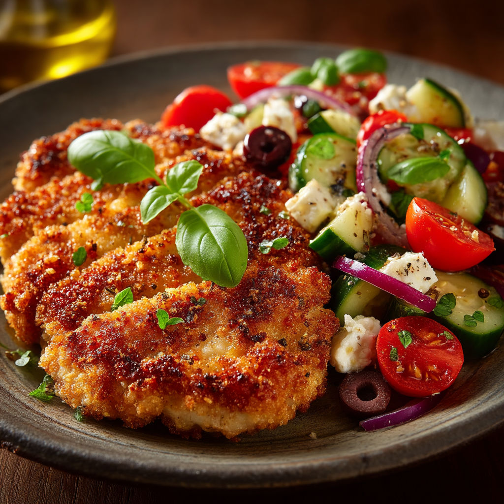 Une assiette de salade avec des légumes et des viandes grillées.
