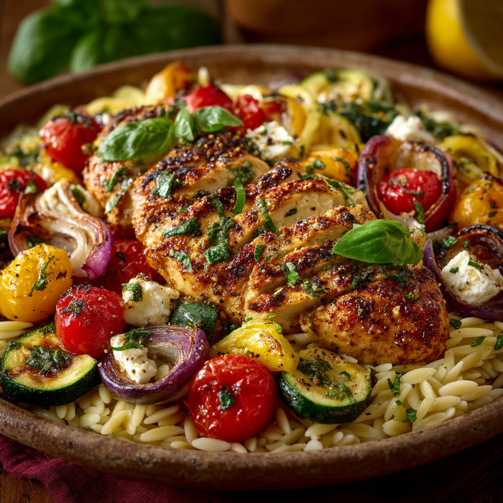 Poulet grillé avec des légumes et feta.