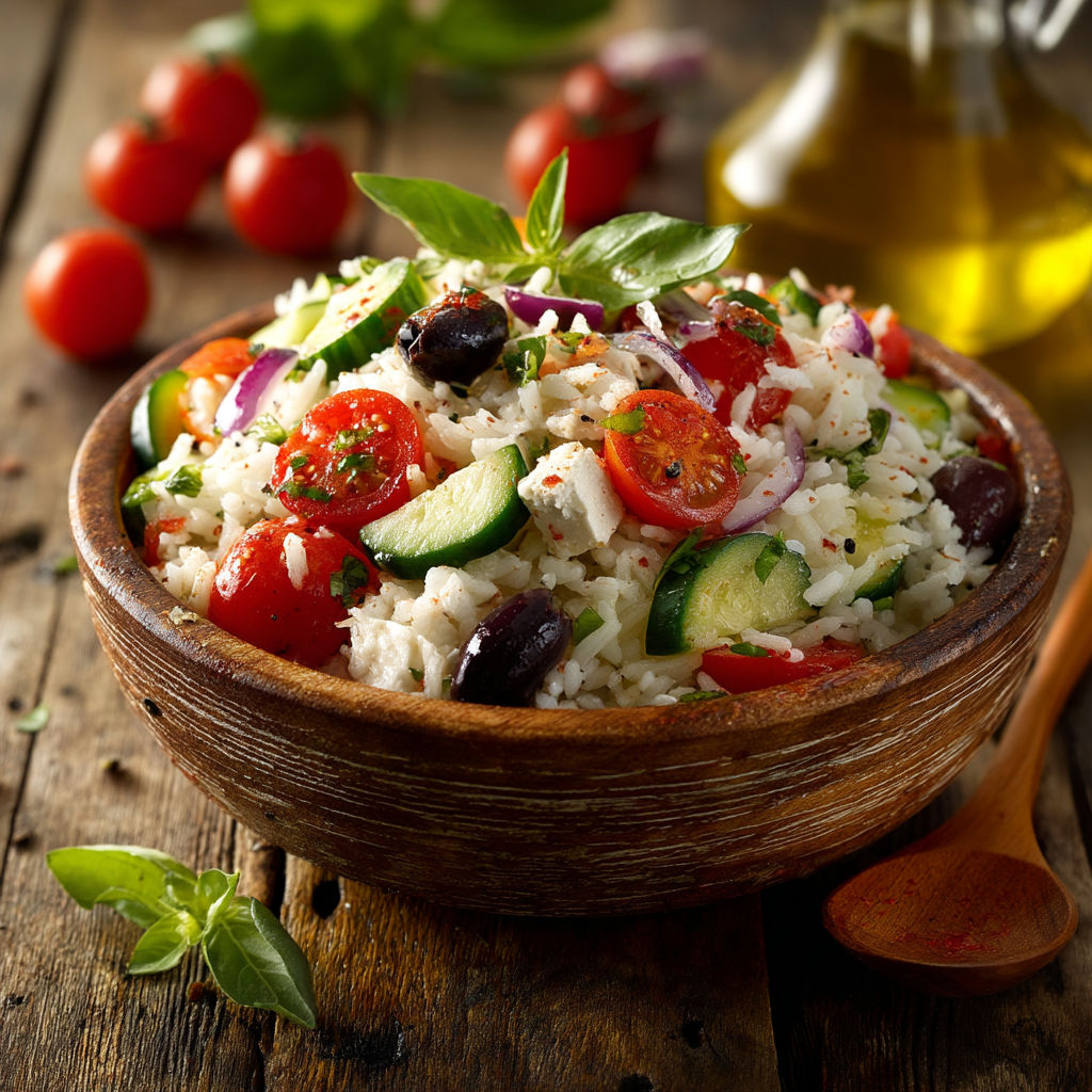 Une salade de riz, de tomates, d'olives et de cucumbers.
