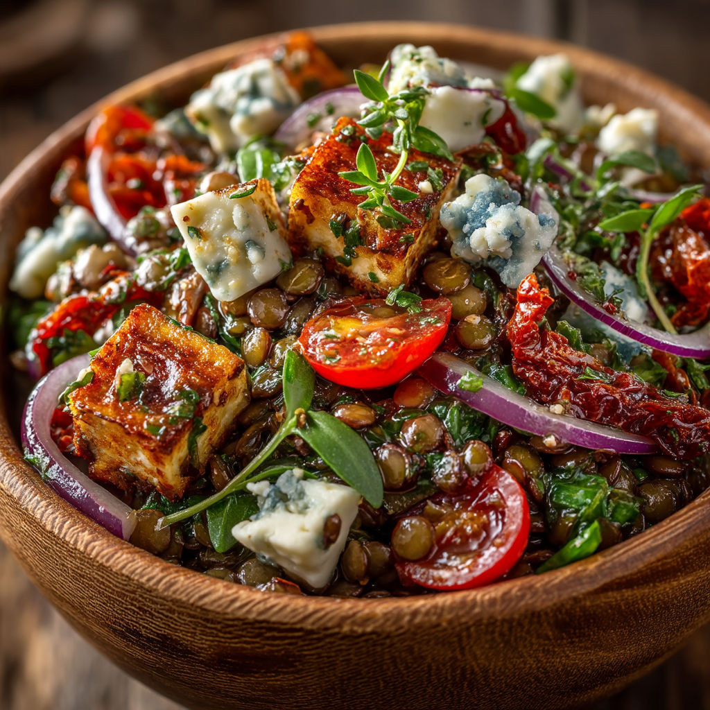 Une salade de tomates, de pois chiches et de fromage bleu dans un bol.