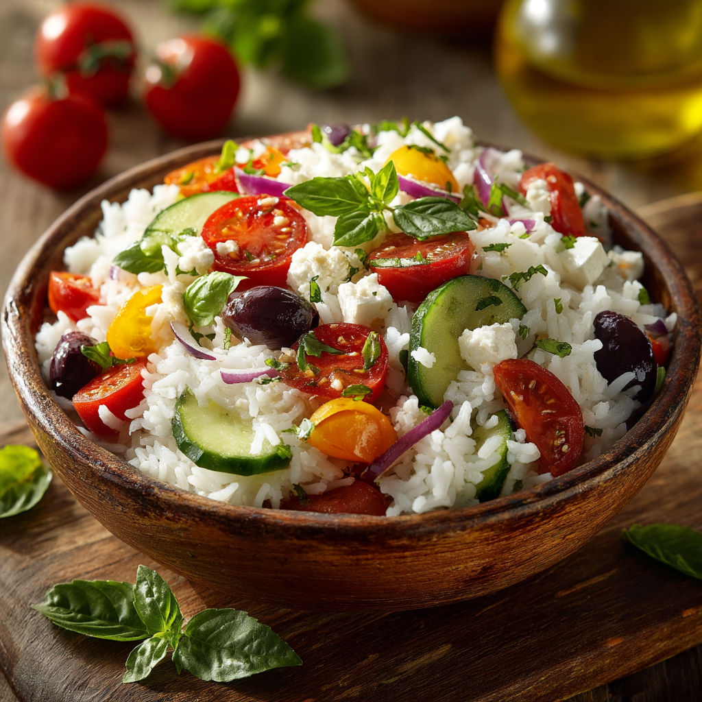 Une assiette de riz avec des tomates, des cucumbers, des oignons, des herbes et des olives.