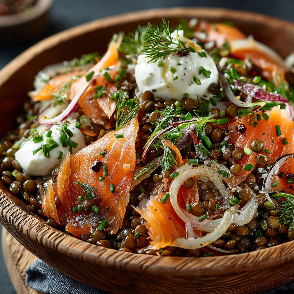 Salade de lentilles et saumon fumé.
