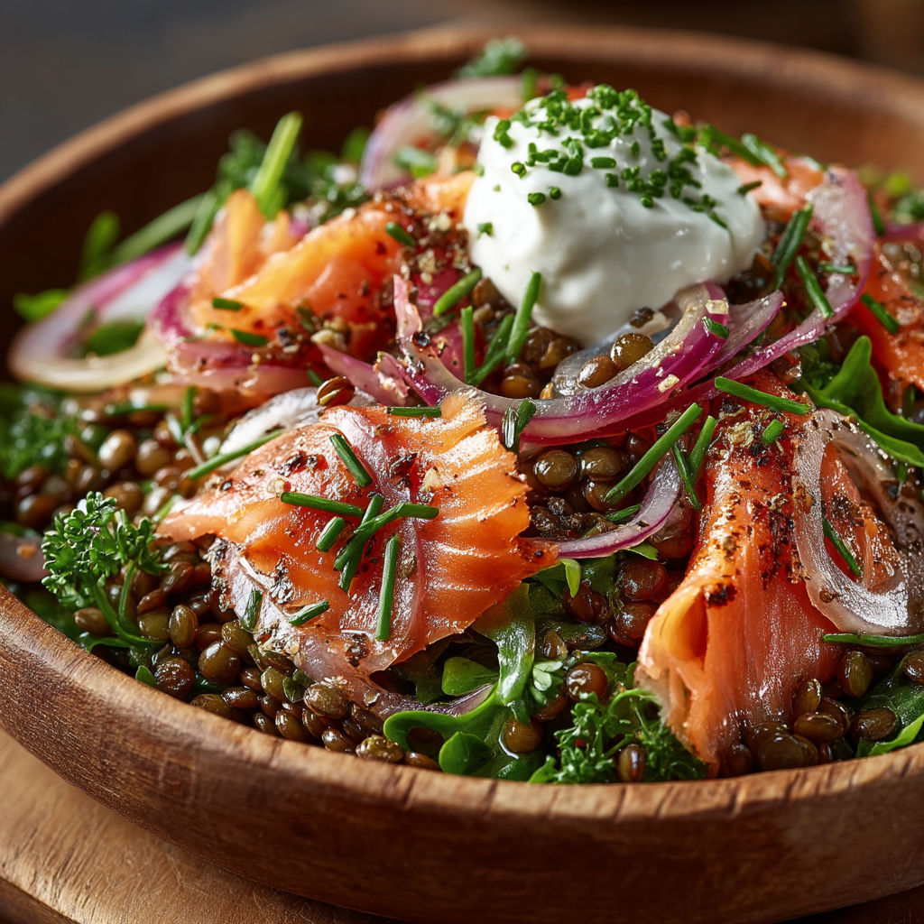 Une salade de saumon et de légumes verts.