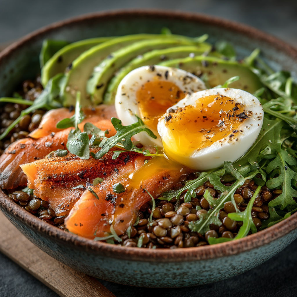 Une salade de poisson et avocat avec des œufs.