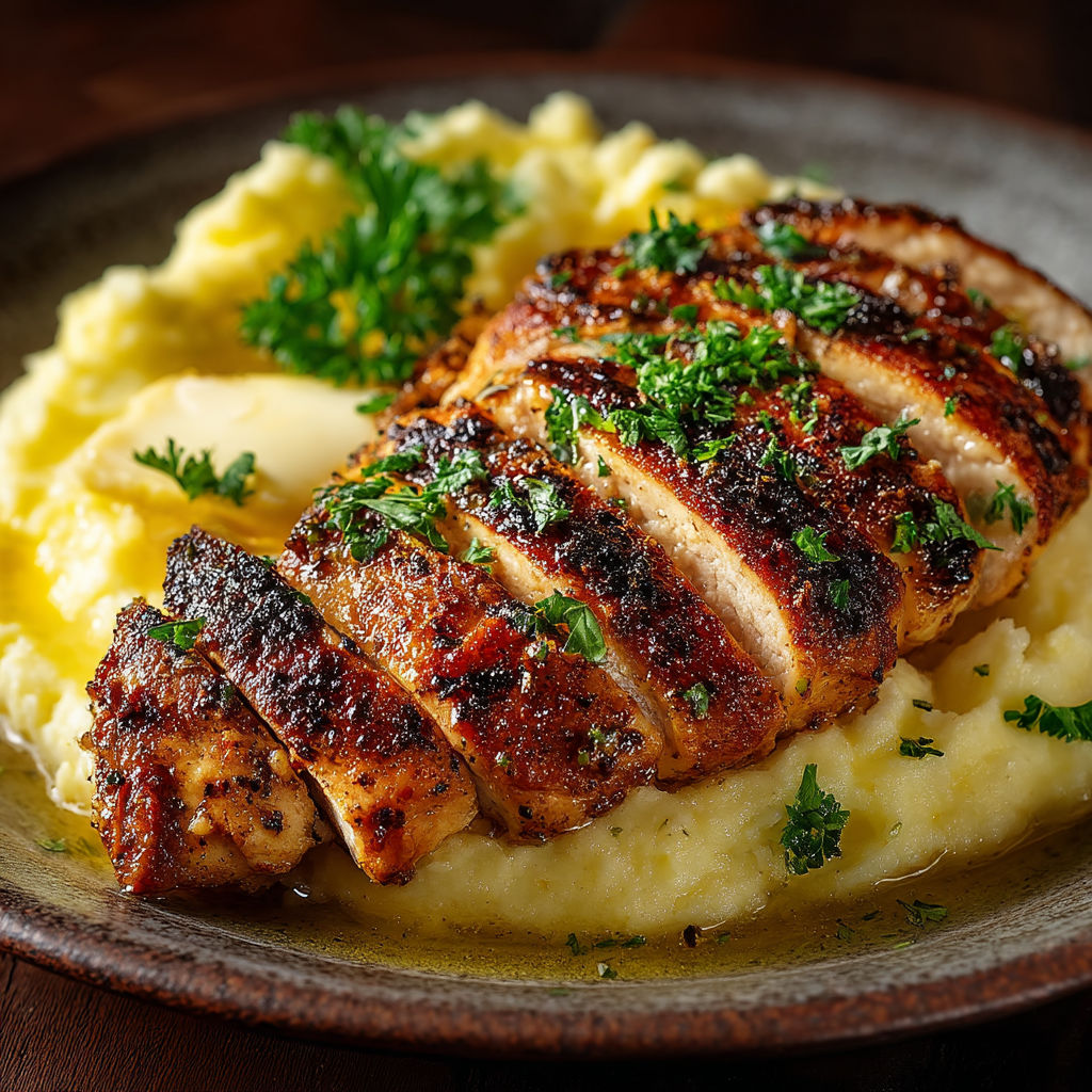 Un filet de poulet grillé avec une purée de pommes de terre.