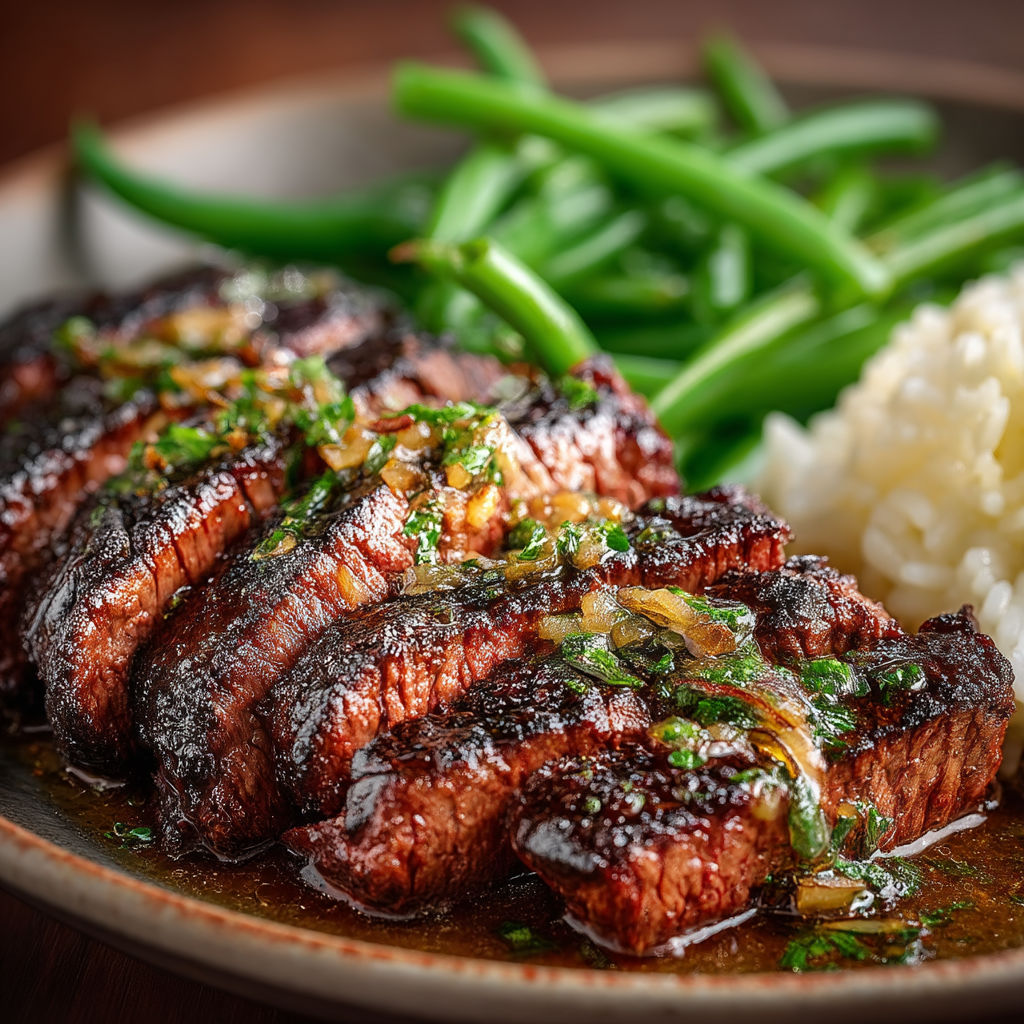 Steak grillé avec des légumes verts.