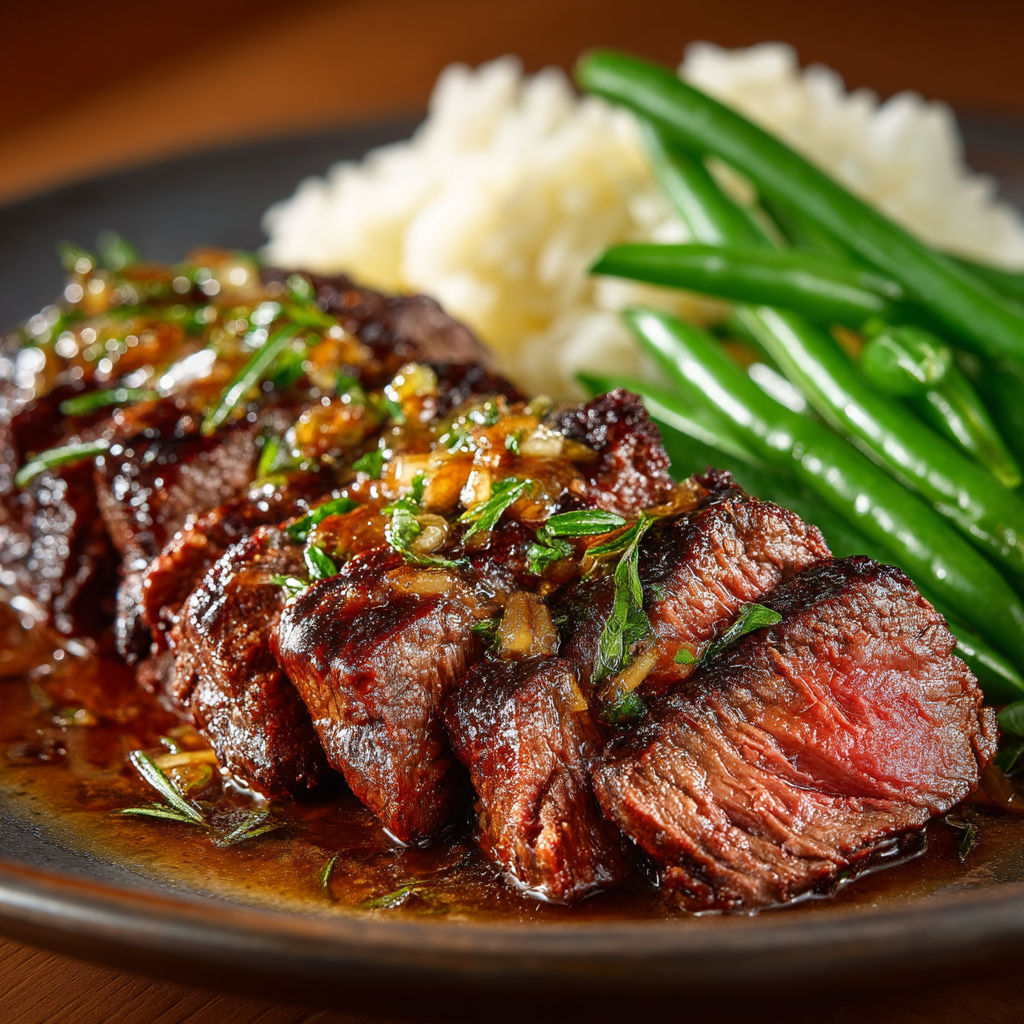Steak grillé avec des légumes verts.