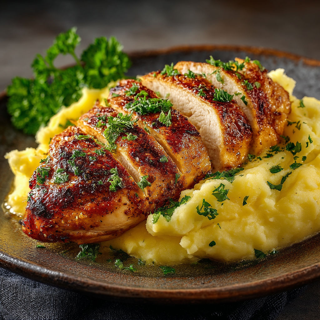 Une poitrine de poulet grillée avec des pommes de terre et des herbes.