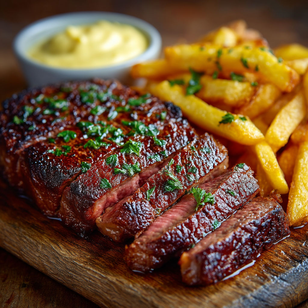 Steak et frites sur une planche.