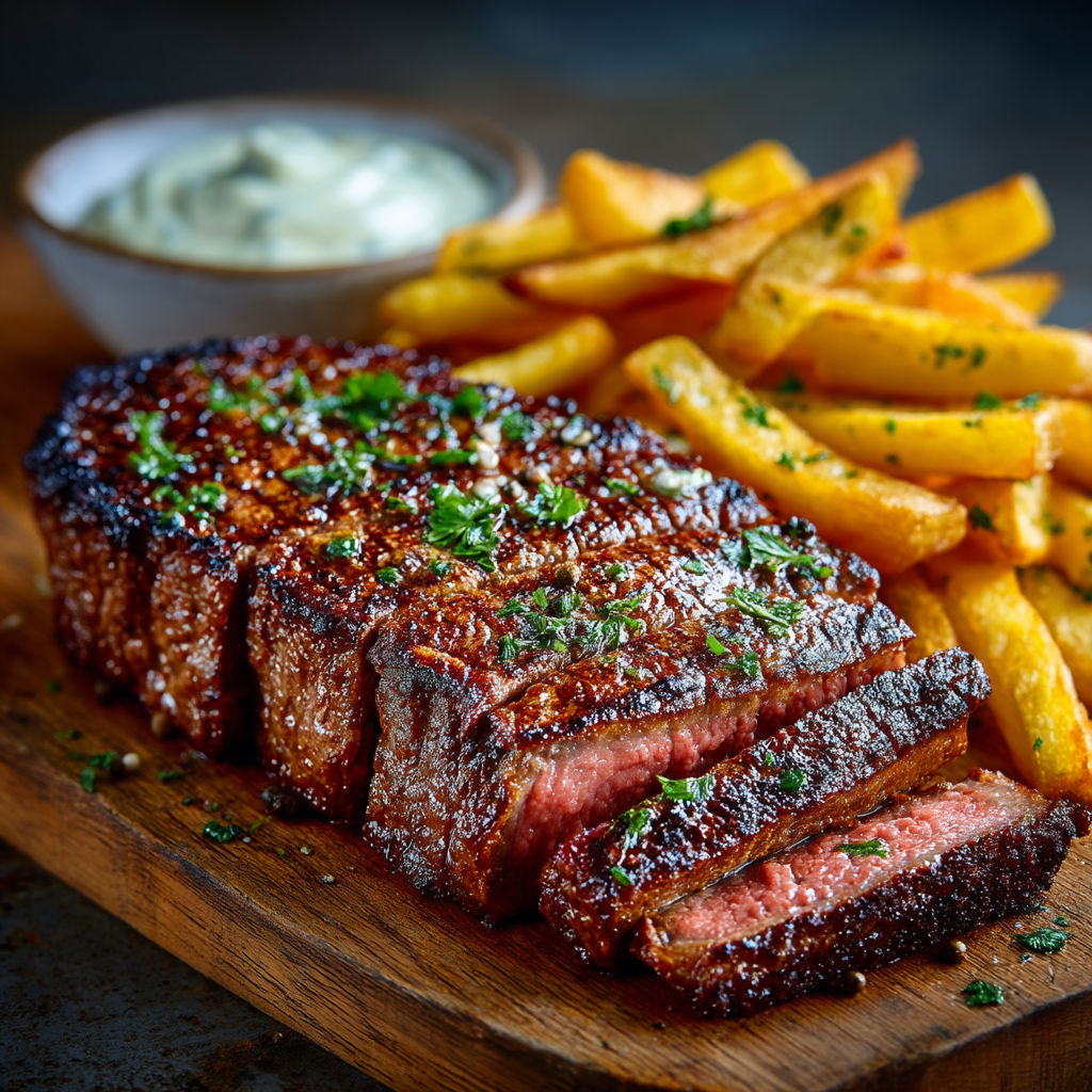 Steak grillé avec des frites.