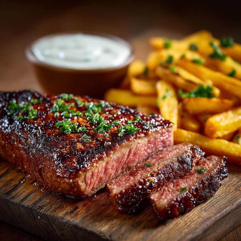 Steak grillé avec des frites et une sauce.