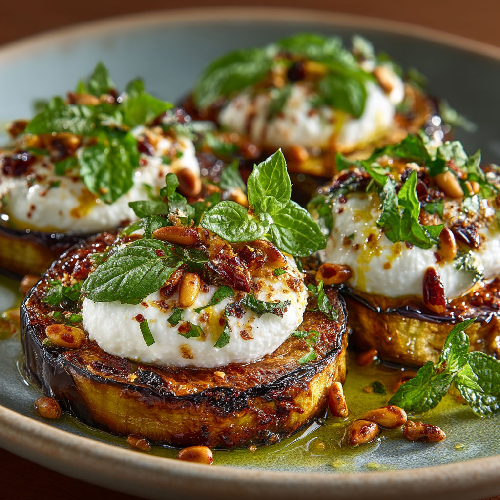 A plate of food with aubergines and burrata.