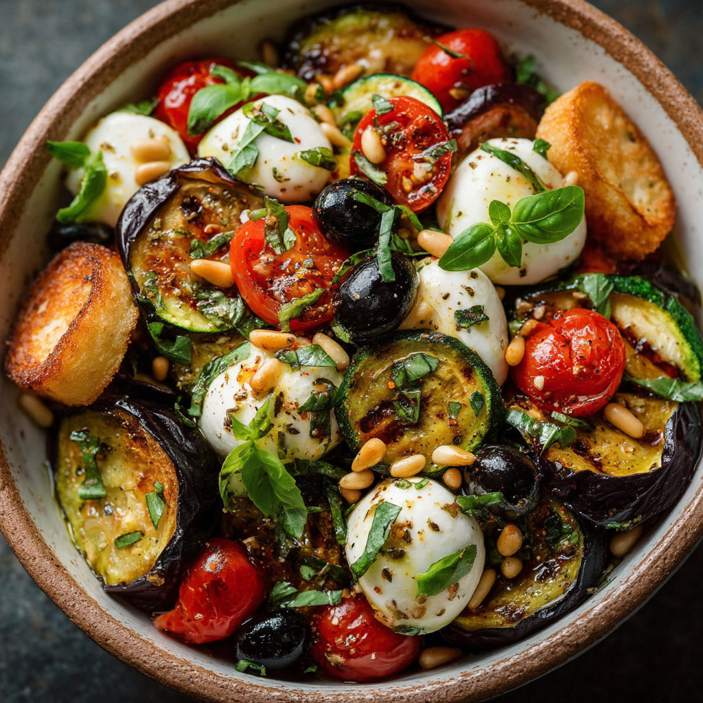 Une salade de tomates, aubergines, poivrons, courgettes et oignons, avec des herbes et des noix.