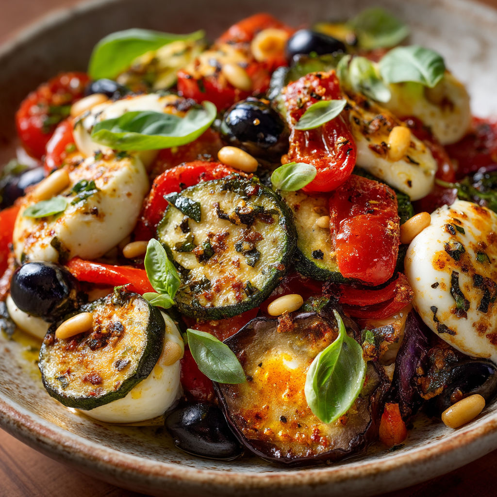 Une assiette de légumes grillés et poivrons.