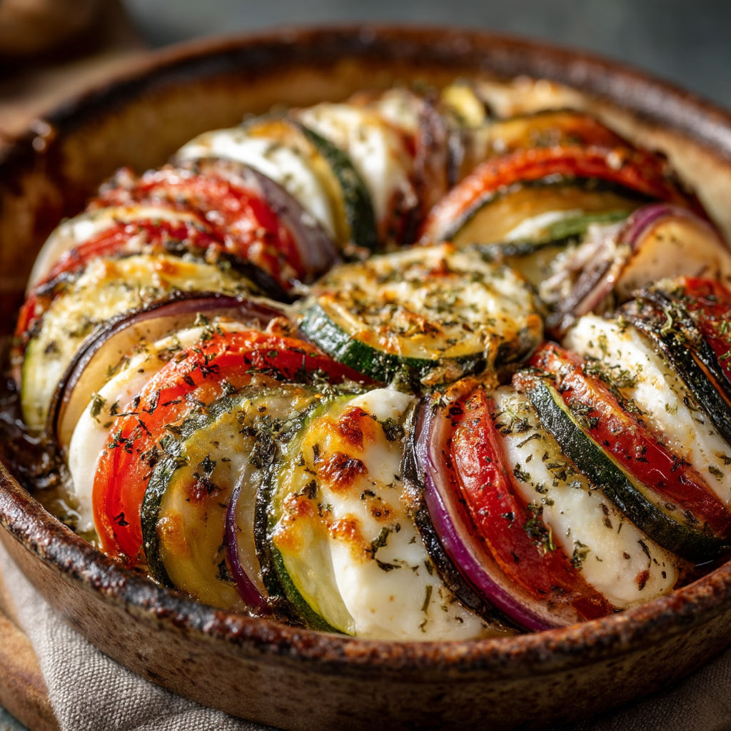 Une pâte de légumes colorés, avec des légumes tels que des aubergines, des courgettes, des poivrons et des tomates, est servie dans un bol en terre.