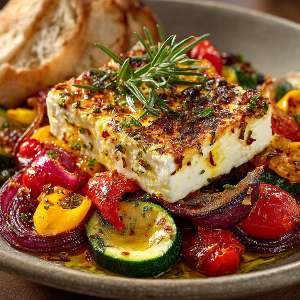 Une assiette de mets colorés avec des légumes et du fromage.