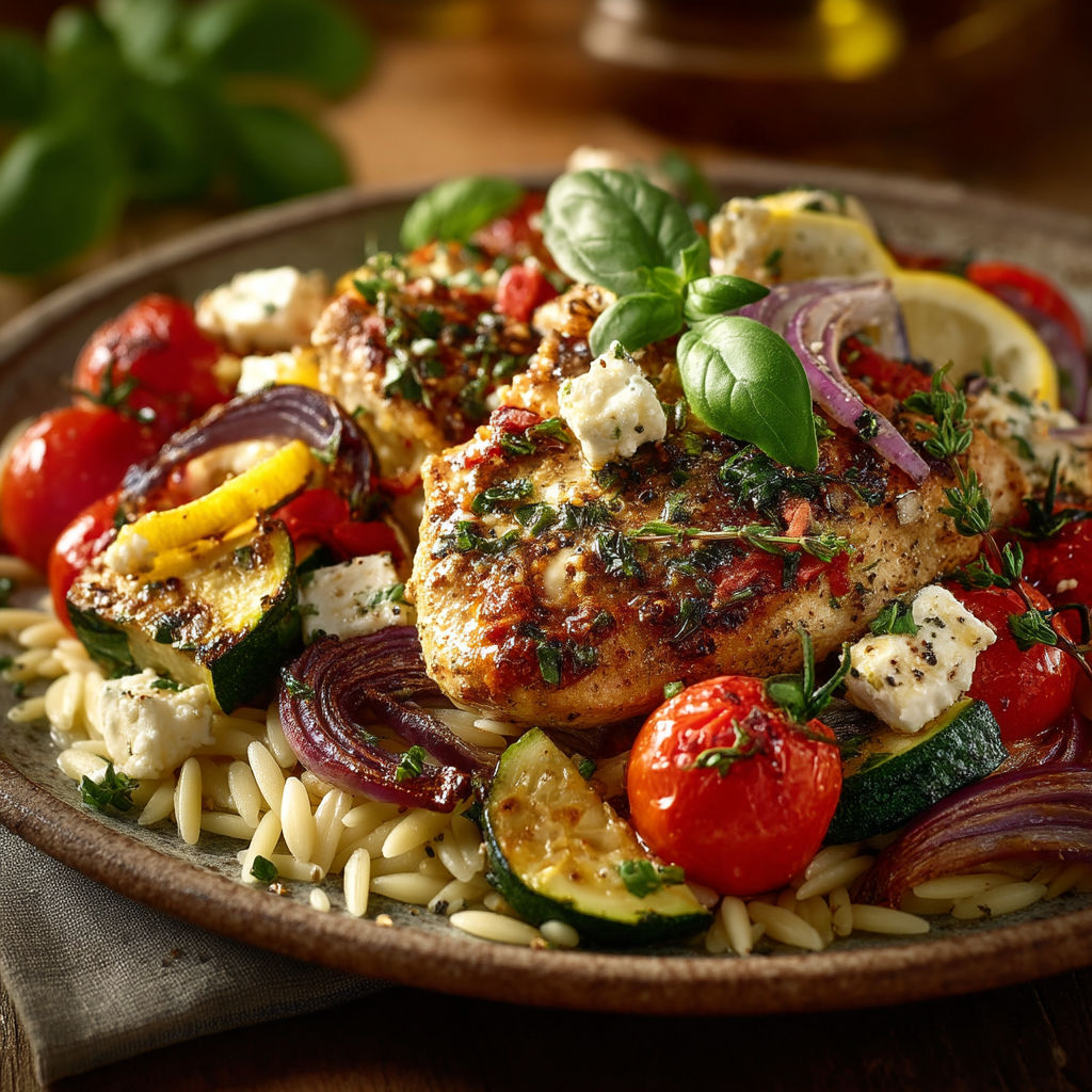 Une assiette de viande et légumes, avec des tomates, des zucchini, des basilic et des olives.
