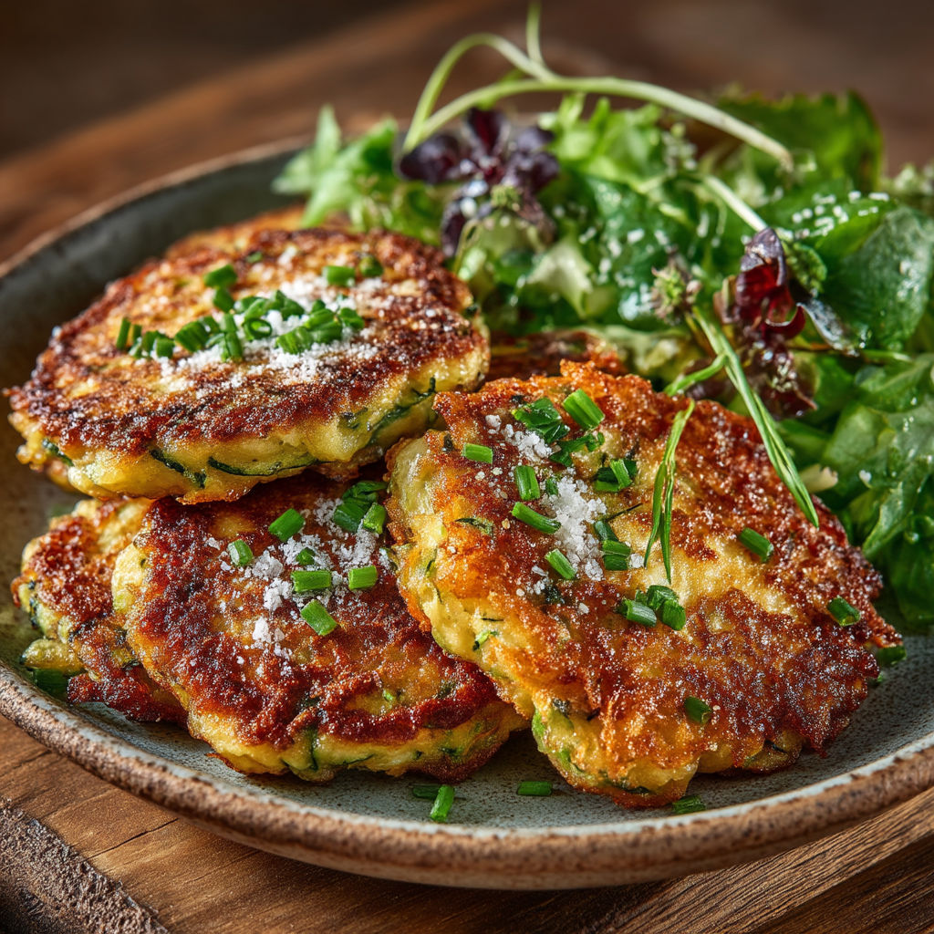 Pancakes de courgettes sur un plateau.