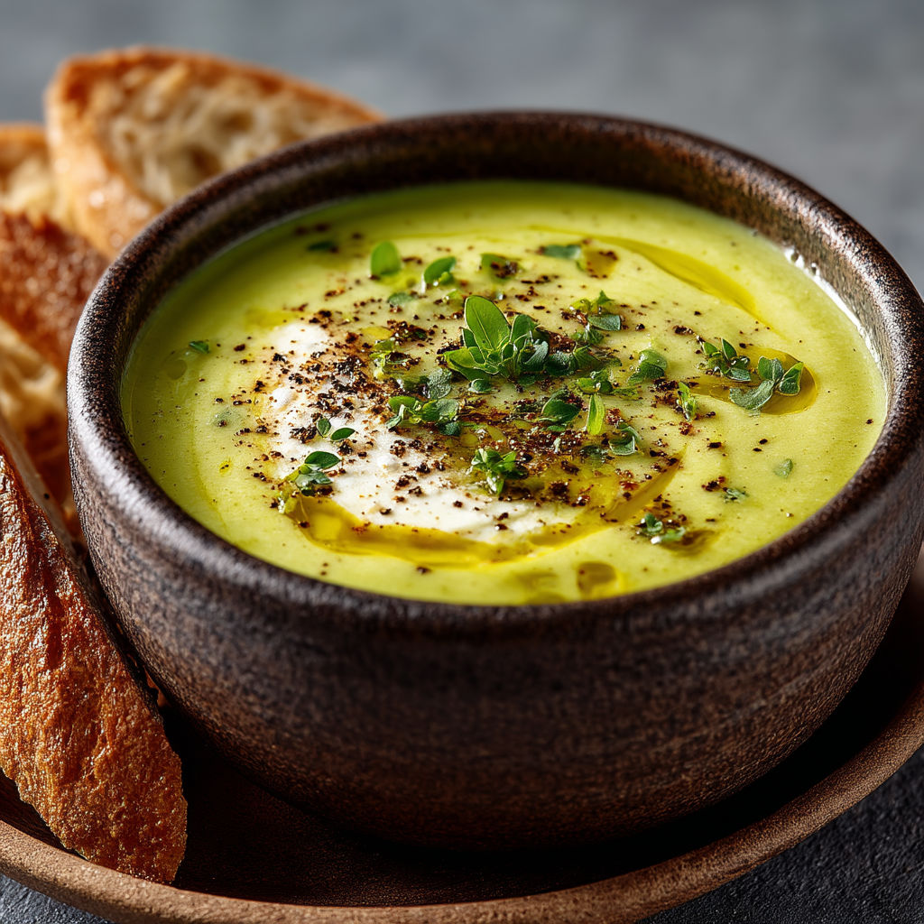 Une assiette de velouté de courgettes au kiri.