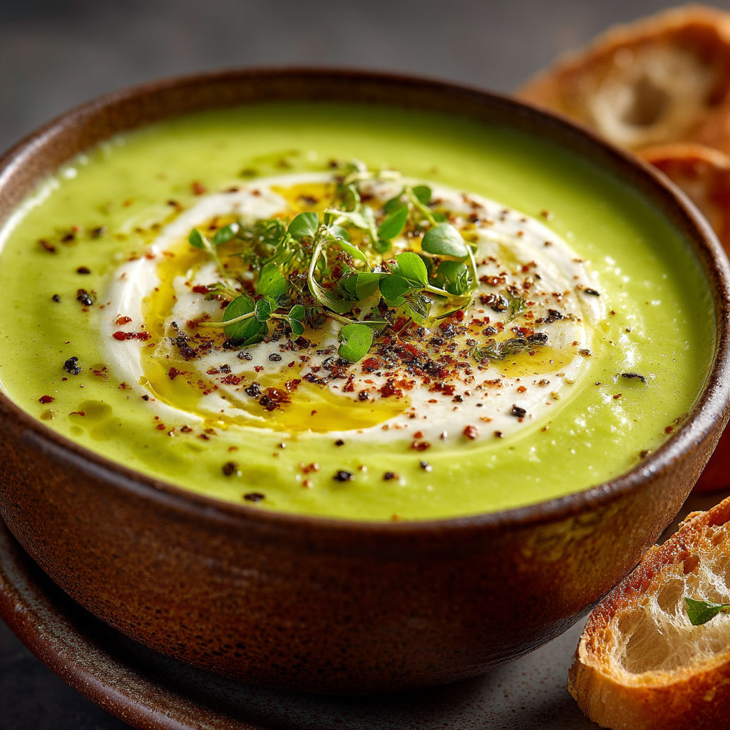 Une assiette contenant une soupe avec des herbes et des tranches de pain.
