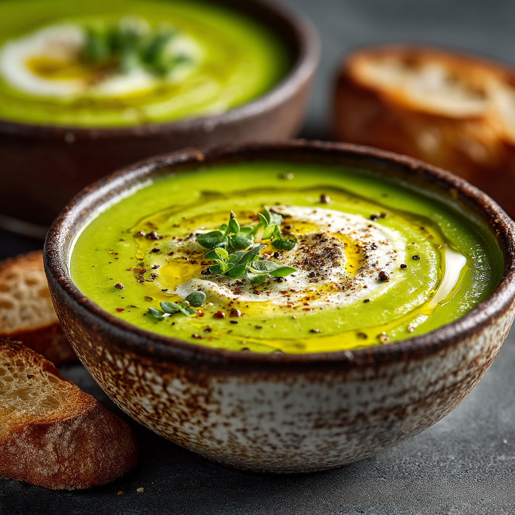 Une assiette de soupes vertes avec des tranches de pain.