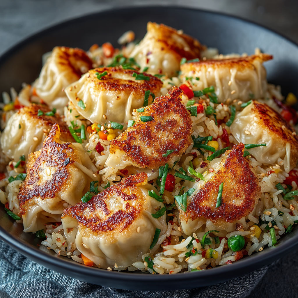 Une assiette de riz et de raviolis.